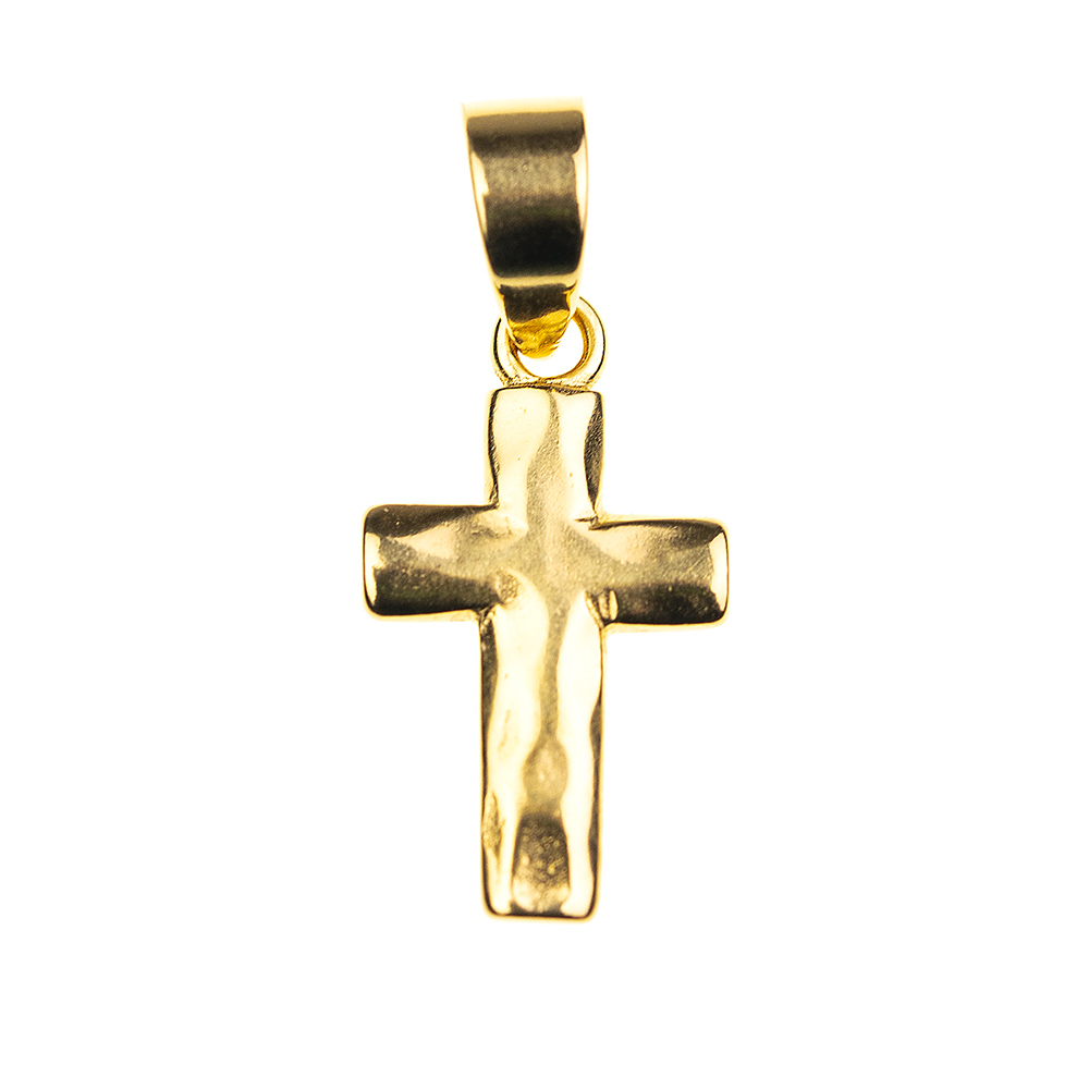 colgante con forma de cruz latina que en la parte superior tiene una argolla para colgar y la cruz es de color dorado y tiene una textura rugosa