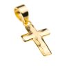 colgante con forma de cruz latina que en la parte superior tiene una argolla para colgar y la cruz es de color dorado y tiene una textura rugosa