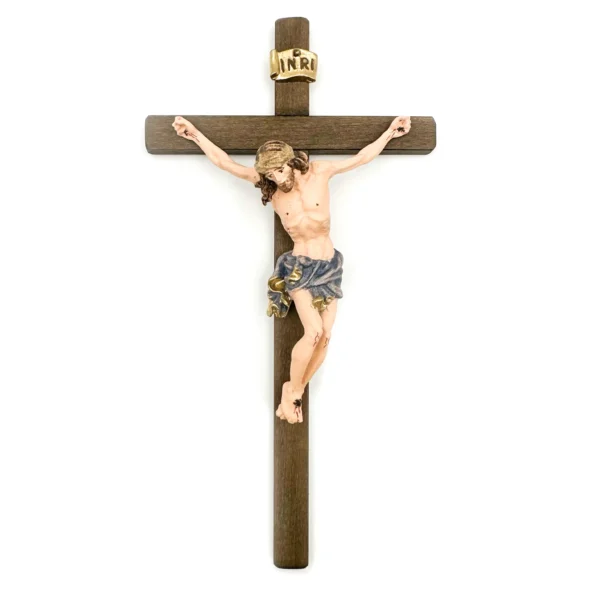 crucifijo cruz madera oscura y color azul