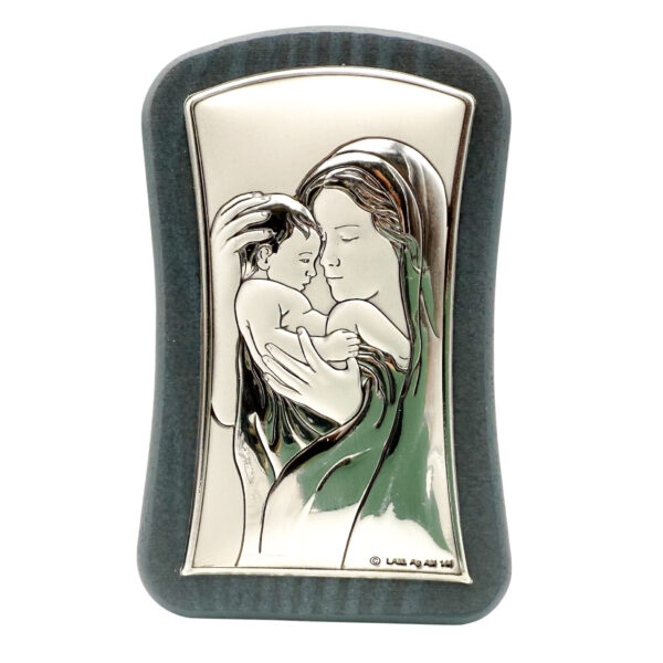 cuadro virgen niño madera azul detalle