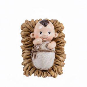 Figura Niño Jesús en cuna, estilo infantil, tamaño mini