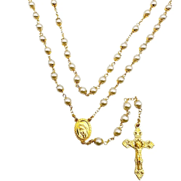 rosario cristal perlado dorado