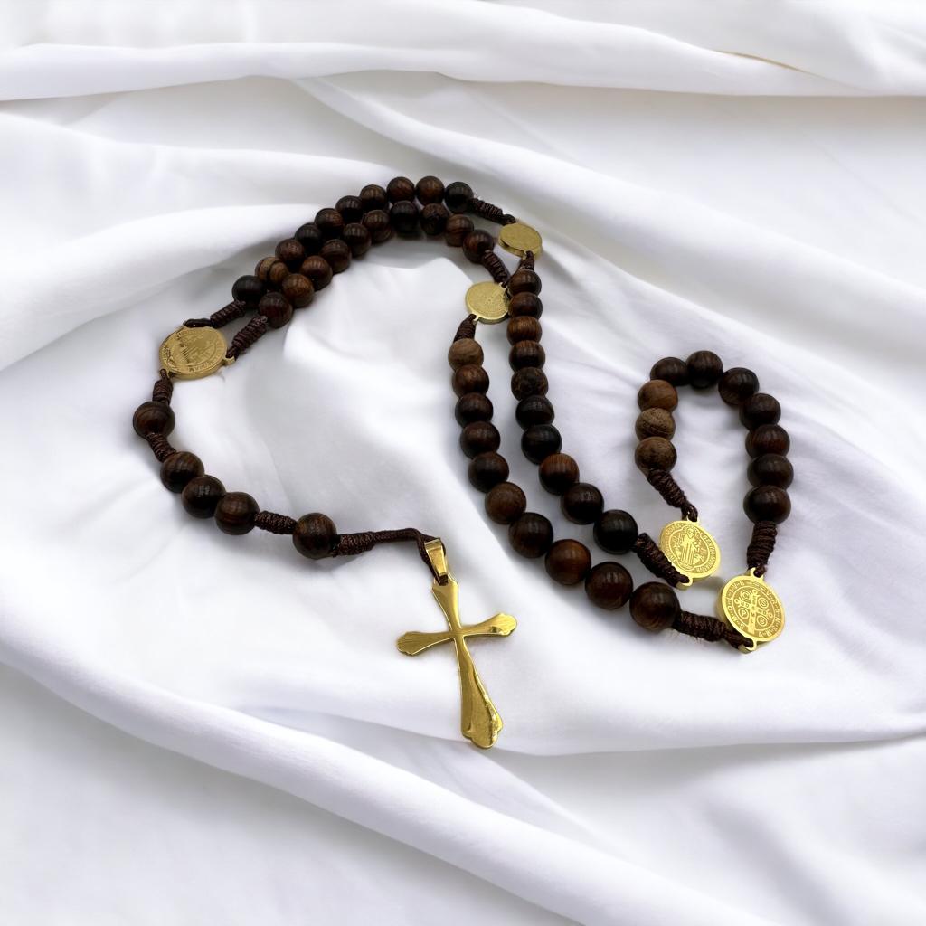 rosario san benito palo santo dorado sobre tela